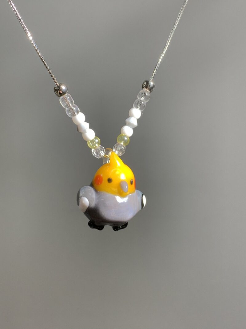 Handmade Glass Cockatiel Pendant Necklace – Cute Parrot Charm, Kawaii Aesthetic Jewelry