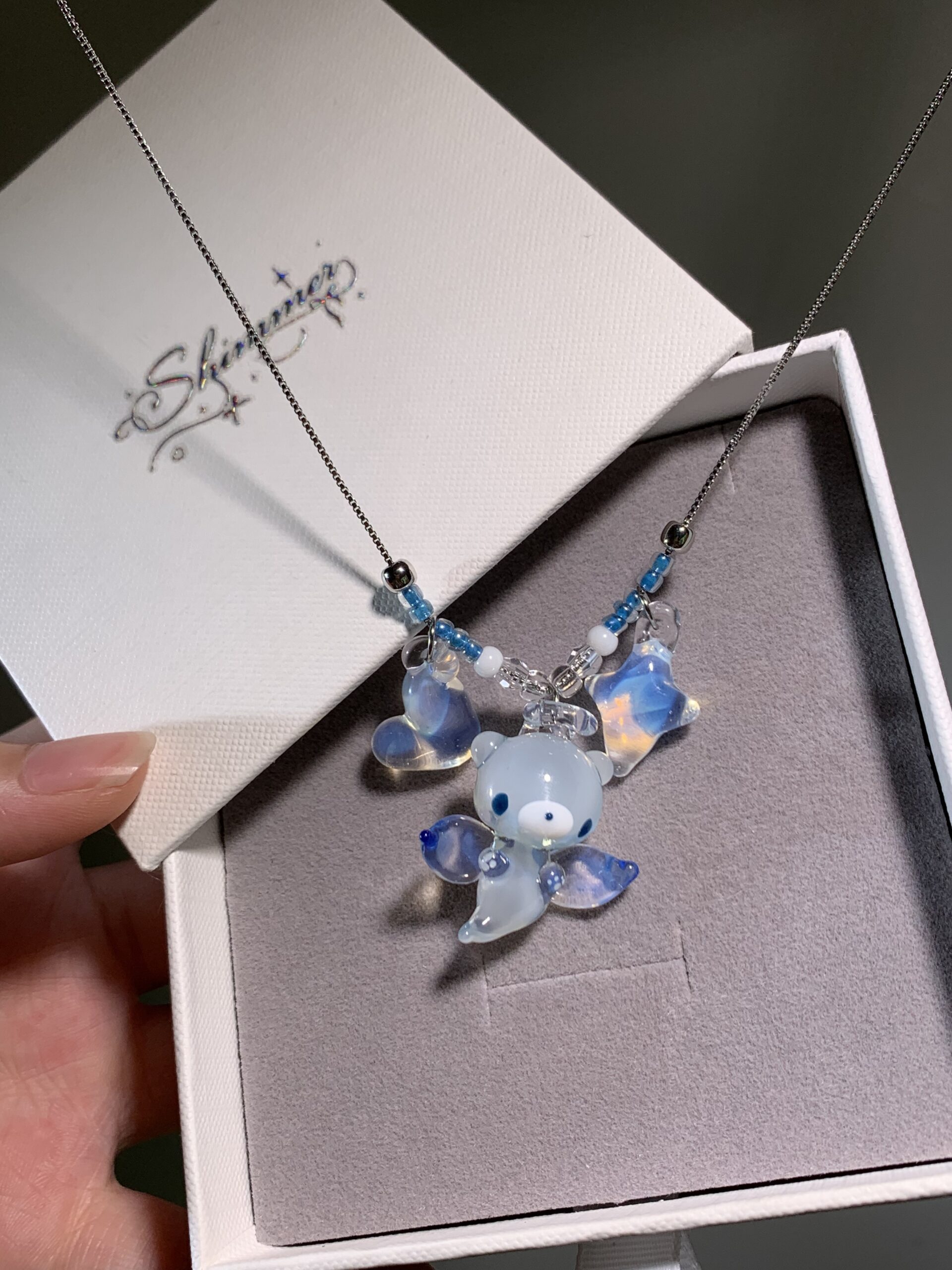 Lampwork Glass Angel Bear Guardian | Handmade Glass Art | Moonlit Blue Wings - 图片 2