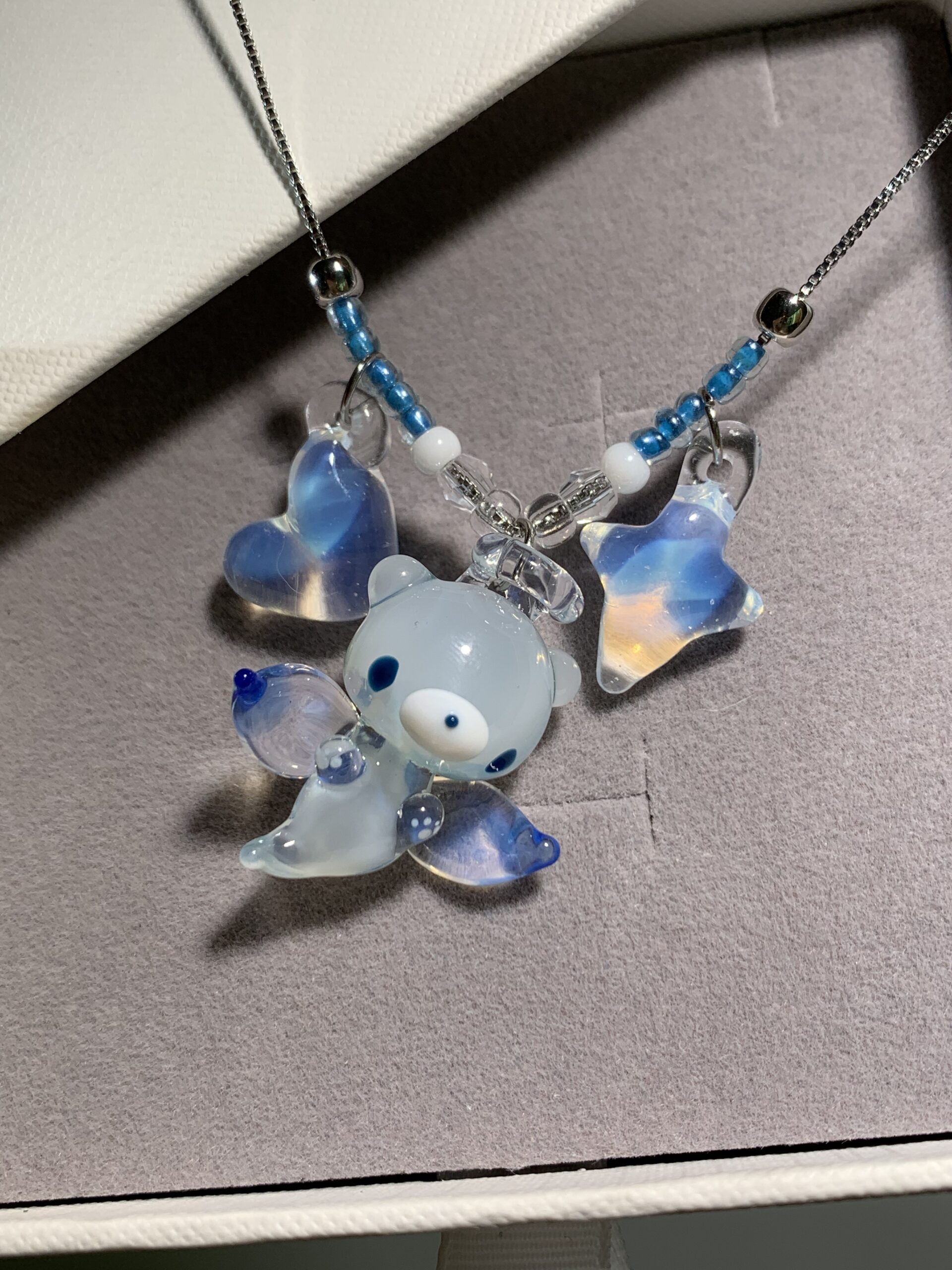 Lampwork Glass Angel Bear Guardian | Handmade Glass Art | Moonlit Blue Wings - 图片 3