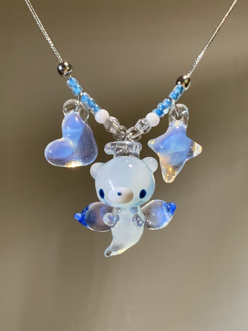 Lampwork Glass Angel Bear Guardian | Handmade Glass Art | Moonlit Blue Wings