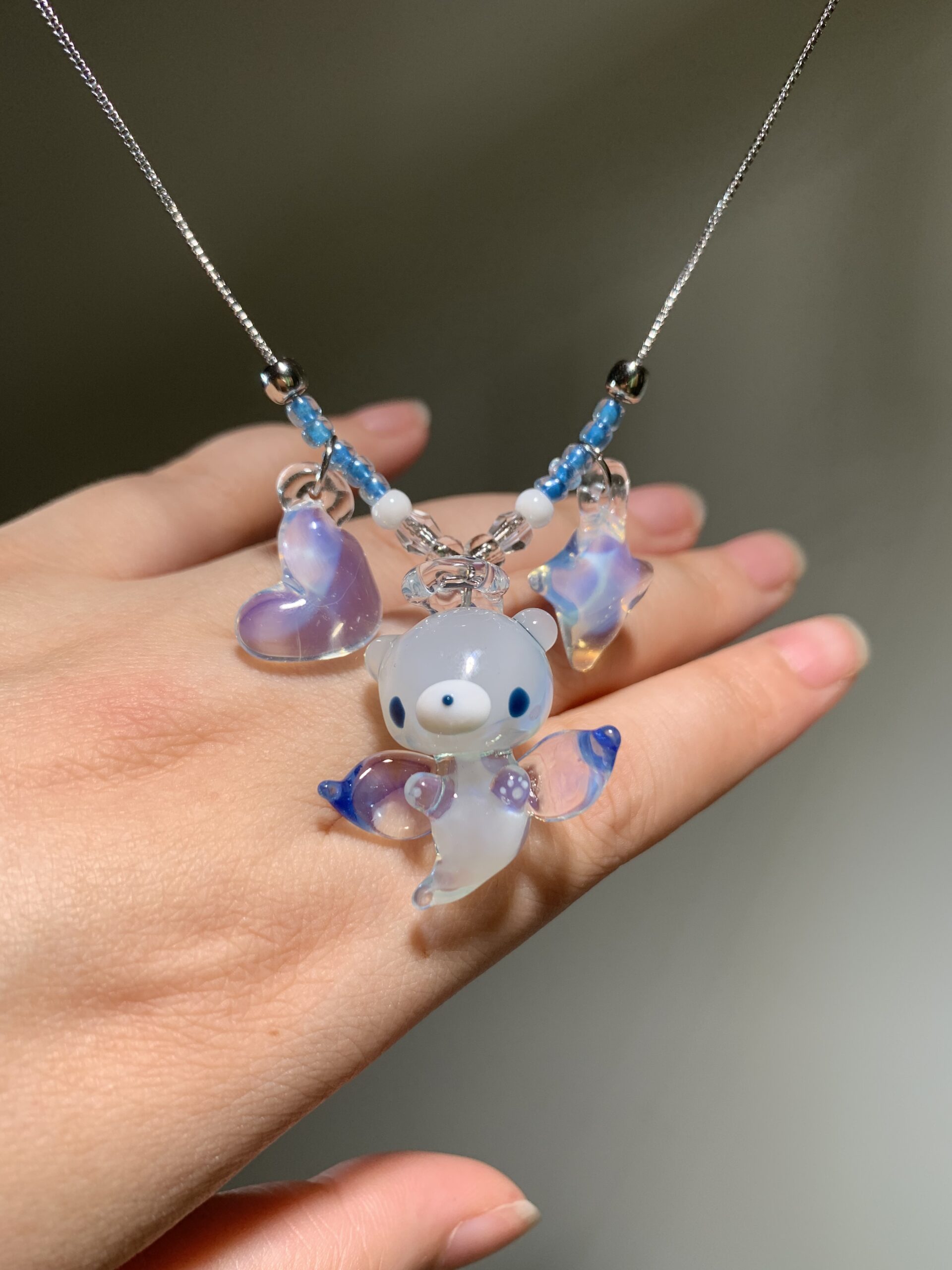 Lampwork Glass Angel Bear Guardian | Handmade Glass Art | Moonlit Blue Wings - 图片 4