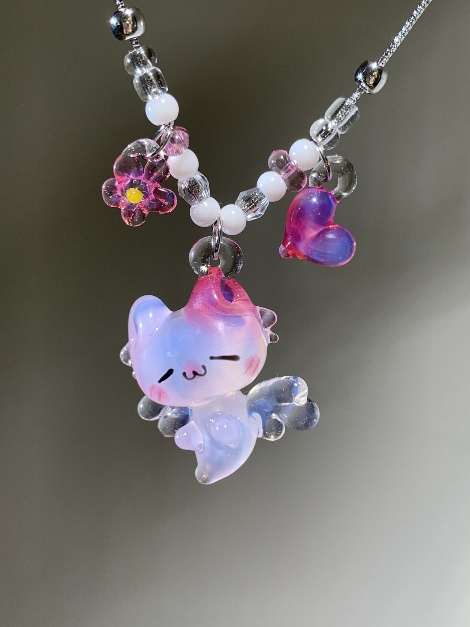 Pink Kitty Ghost Pendant | Handmade Lampwork Glass | Healing Cat Charm