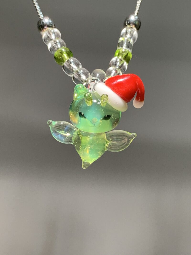 Handmade Glass Necklace | Santa Hat Glow Green Alien Kitten Sea Angel Pendant | Fantasy Cute Christmas G