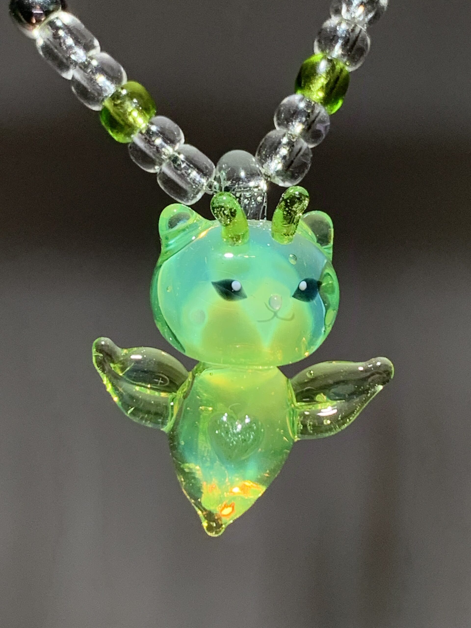 Handmade Glass Necklace | Glow Green Alien Kitten Sea Angel Heart Pendant | Fantasy Healing Cute Jewelry