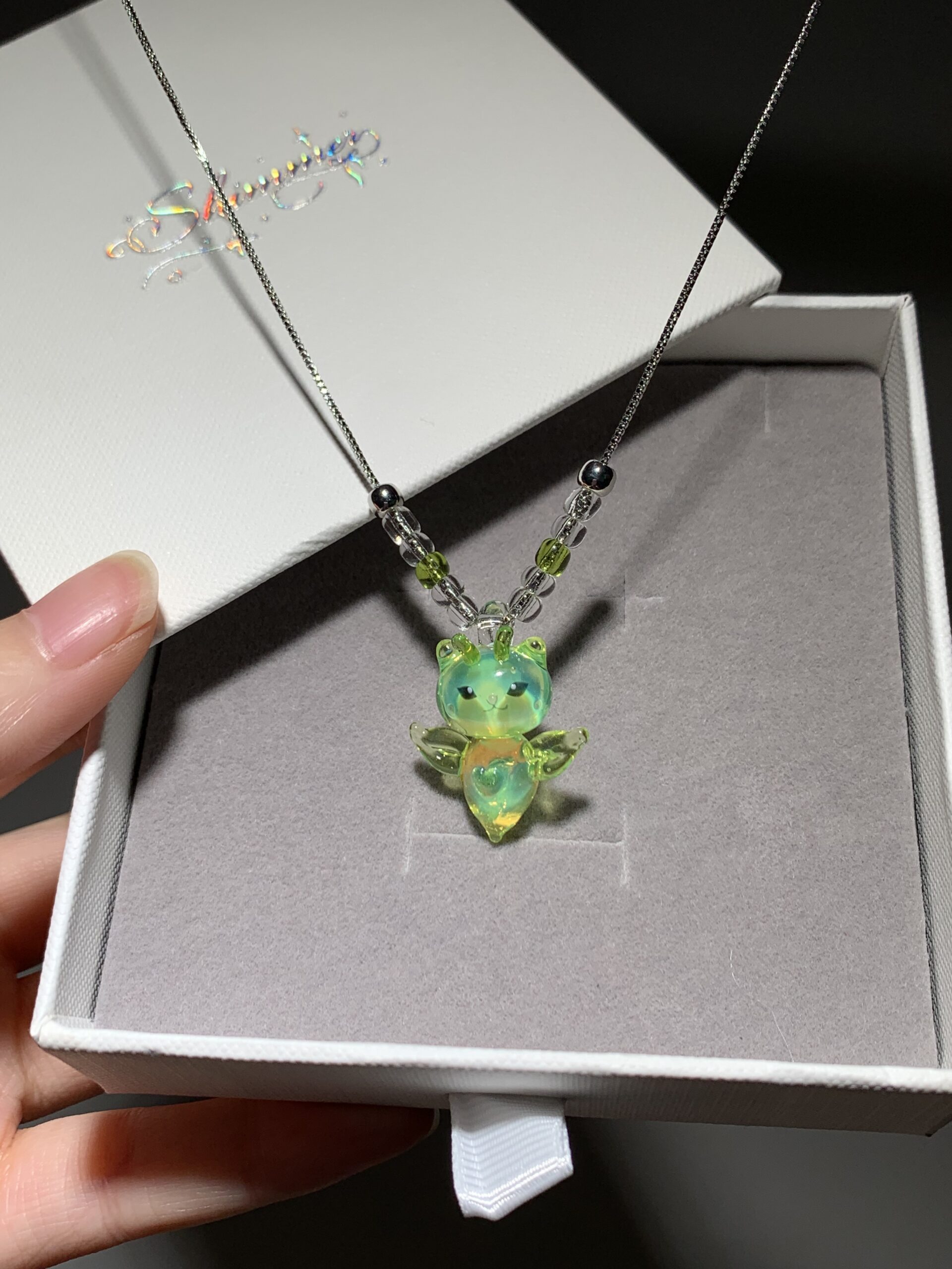 Handmade Glass Necklace | Glow Green Alien Kitten Sea Angel Heart Pendant | Fantasy Healing Cute Jewelry - 图片 13
