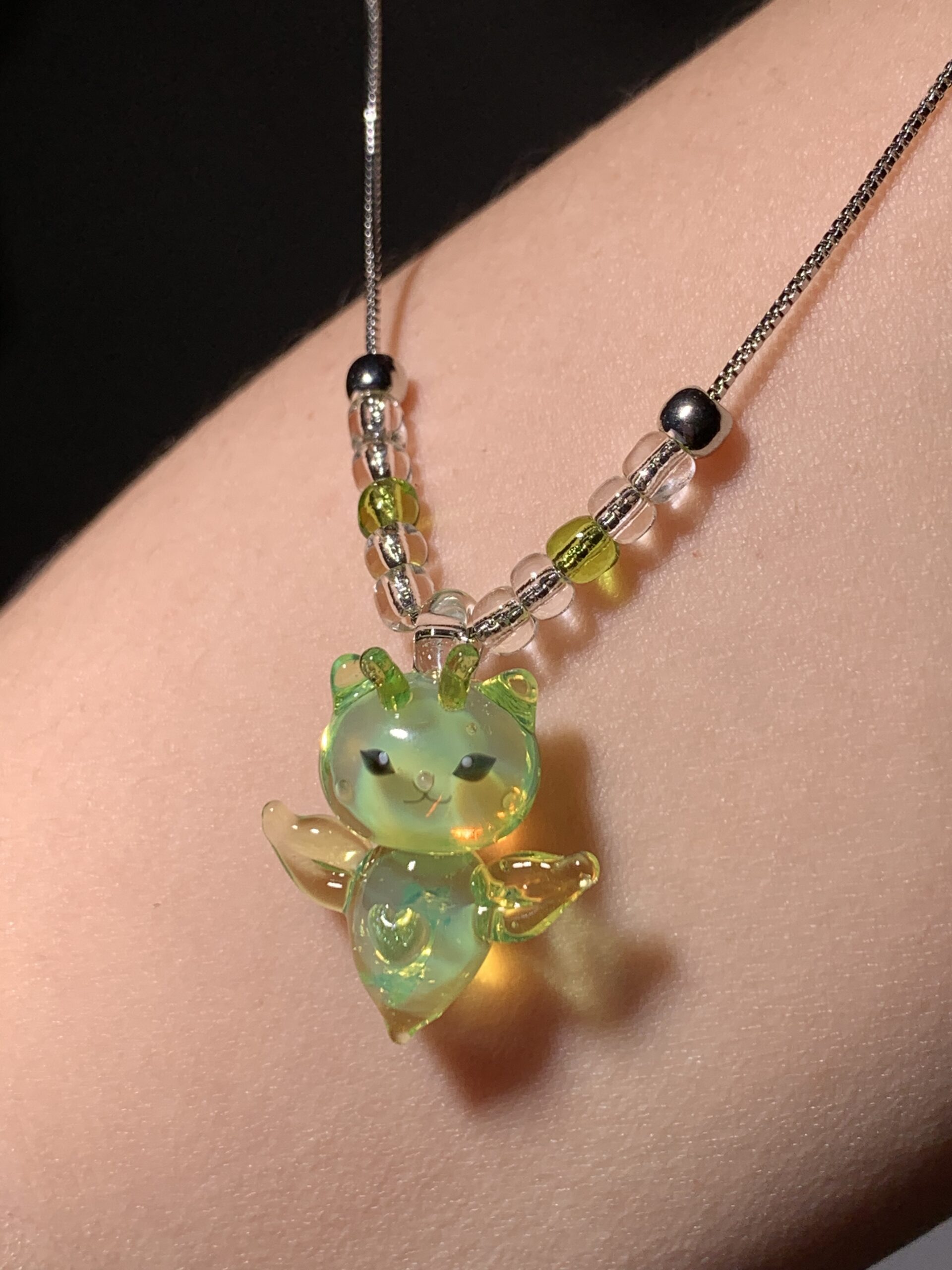 Handmade Glass Necklace | Glow Green Alien Kitten Sea Angel Heart Pendant | Fantasy Healing Cute Jewelry - 图片 7