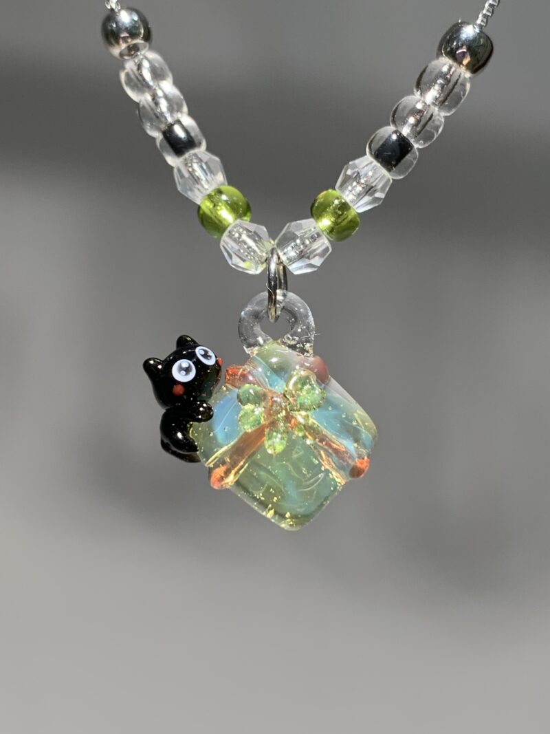 Handmade Glass Black Cat Necklace - Iridescent Cube with Flower Pendant